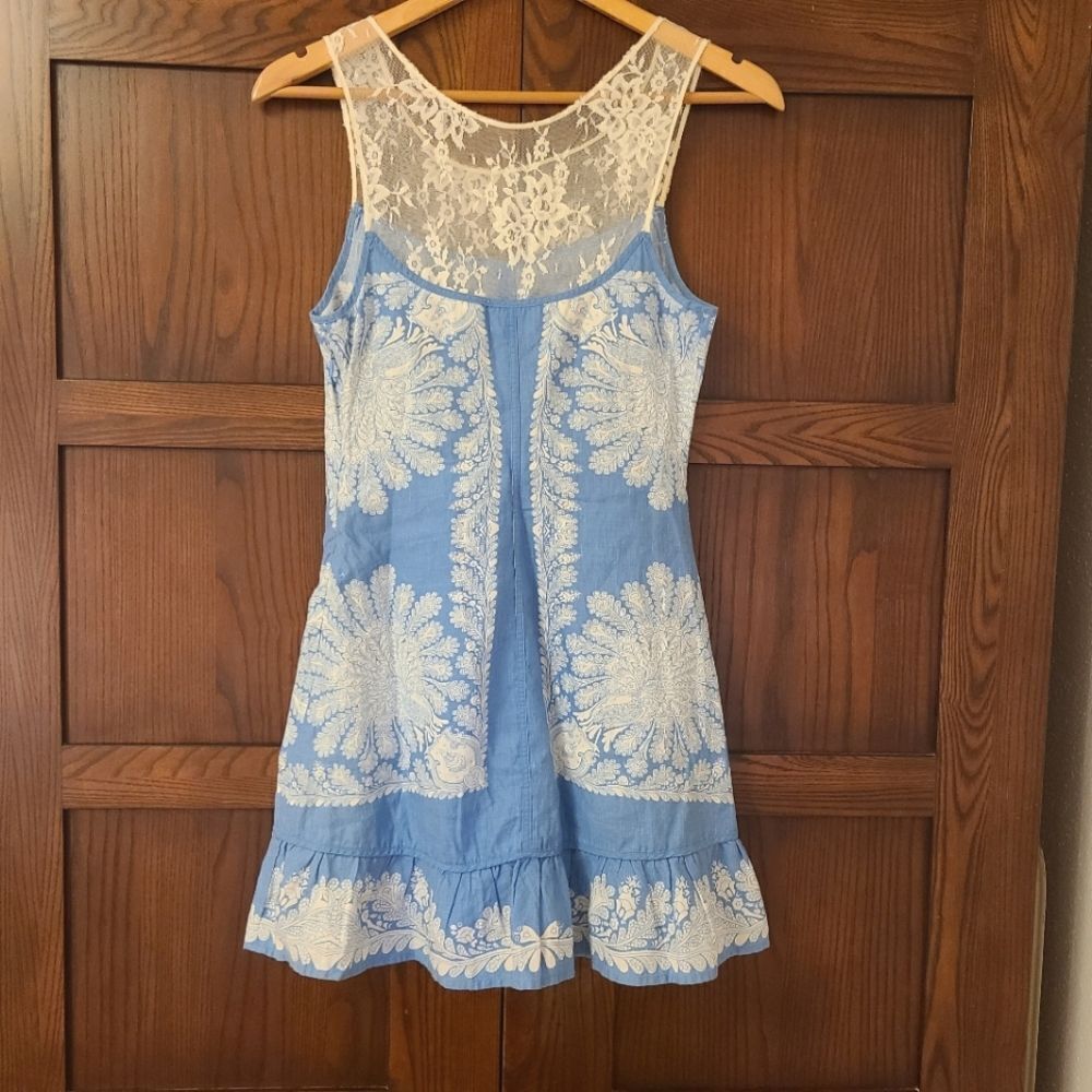 Vintage Free People Blue & White Lace Trim Linen Mini Shift Dress Y2K - Picture 8 of 8